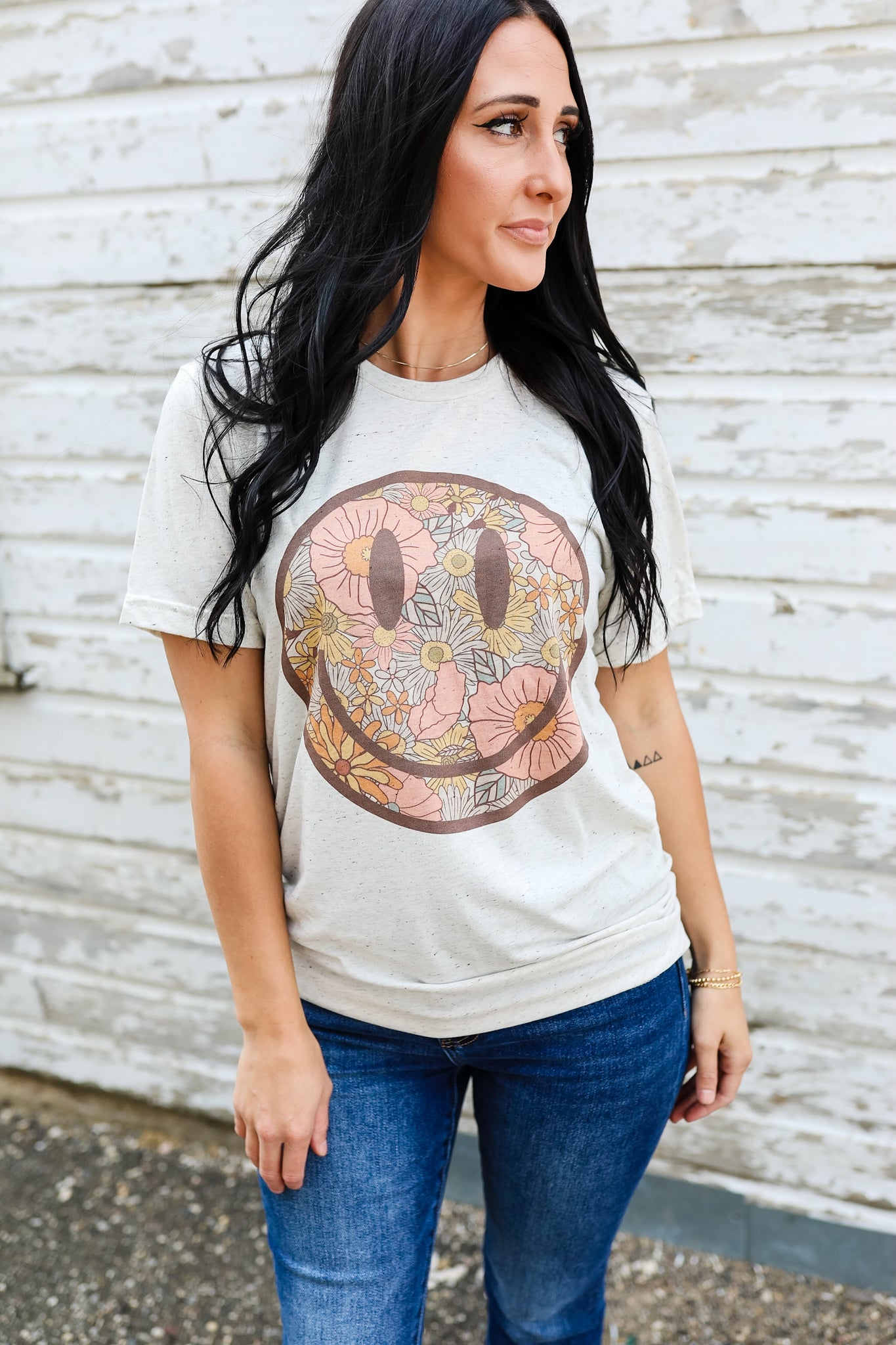 Floral Filled Happy Face Graphic Tee - Oatmeal Fleck