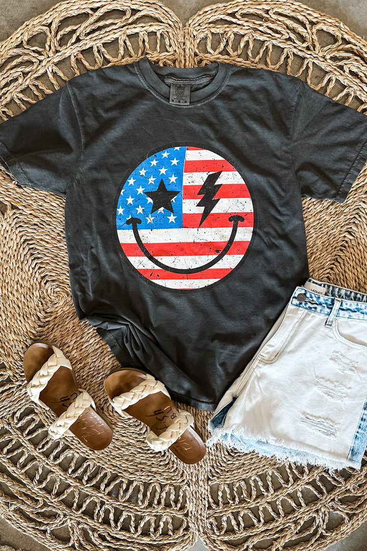American Flag Happy Face Graphic Tee - Pepper
