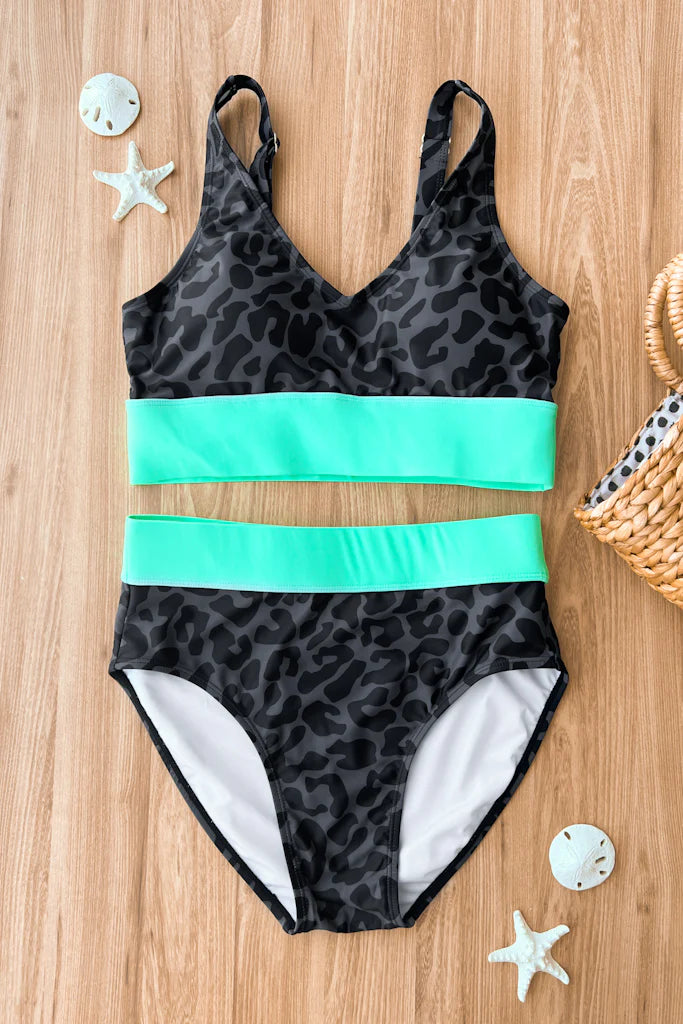 *Pre-Order* Charcoal Leopard & Mint Swim Suit