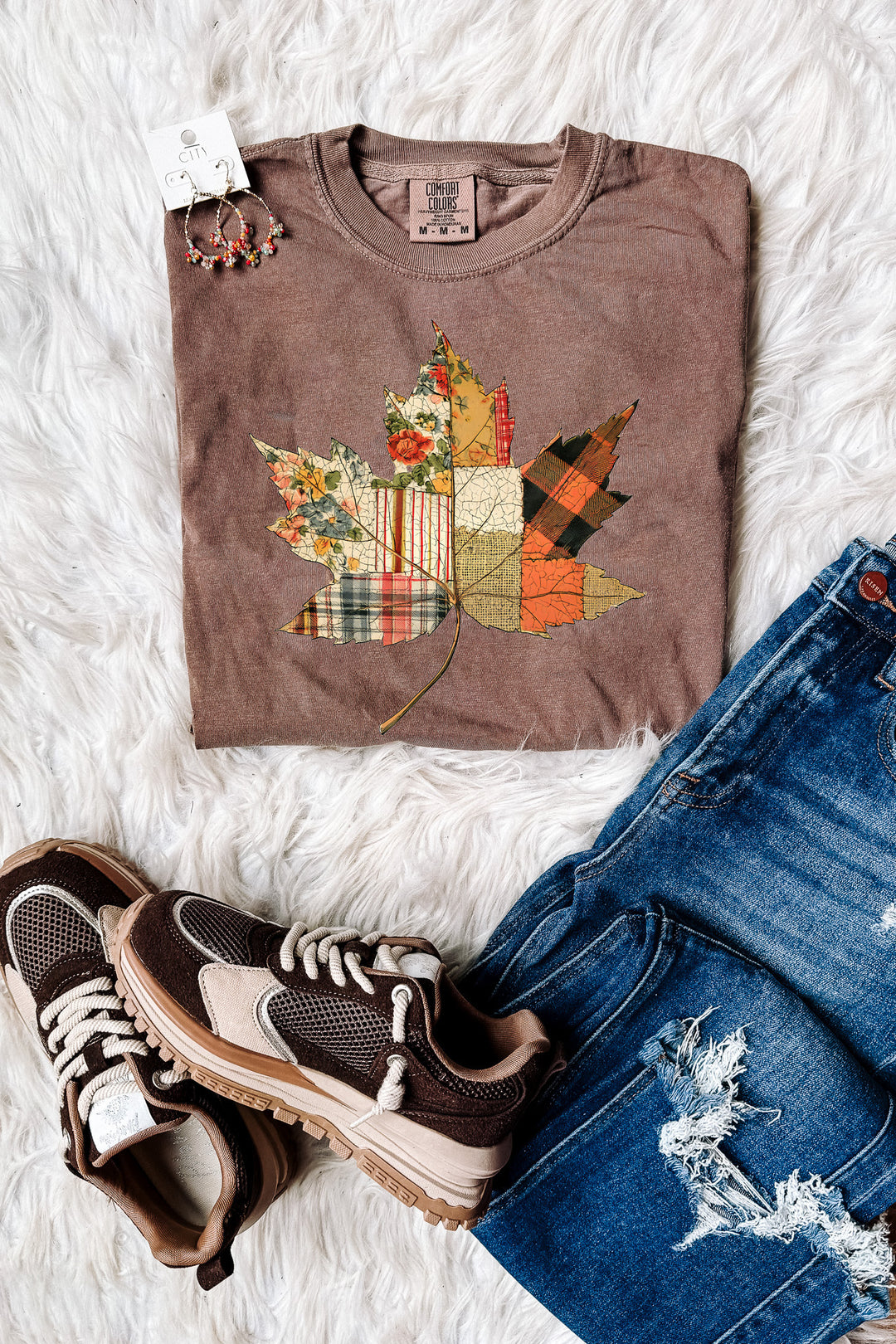 Patchwork Pattern Leaf Graphic Tee - Espresso