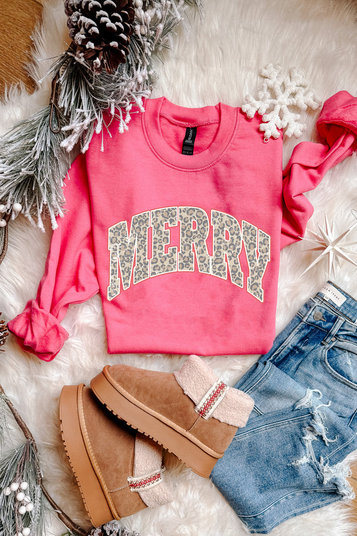 Leopard Merry Crewneck Sweatshirt - Pink