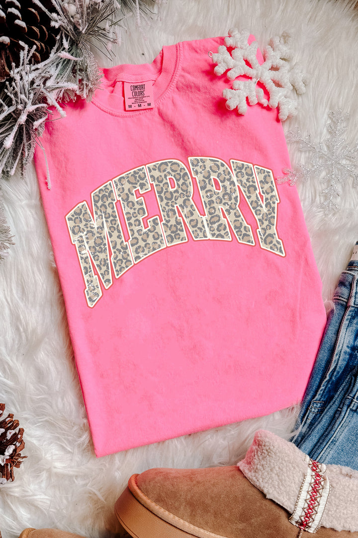 Leopard Merry Graphic Tee - Neon Pink