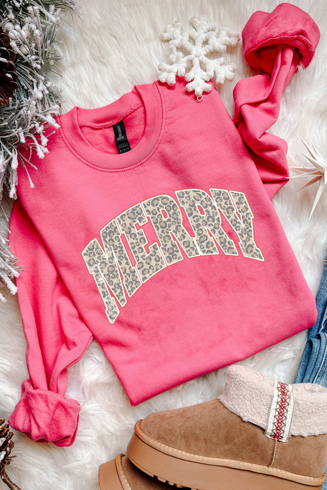Leopard Merry Crewneck Sweatshirt - Pink