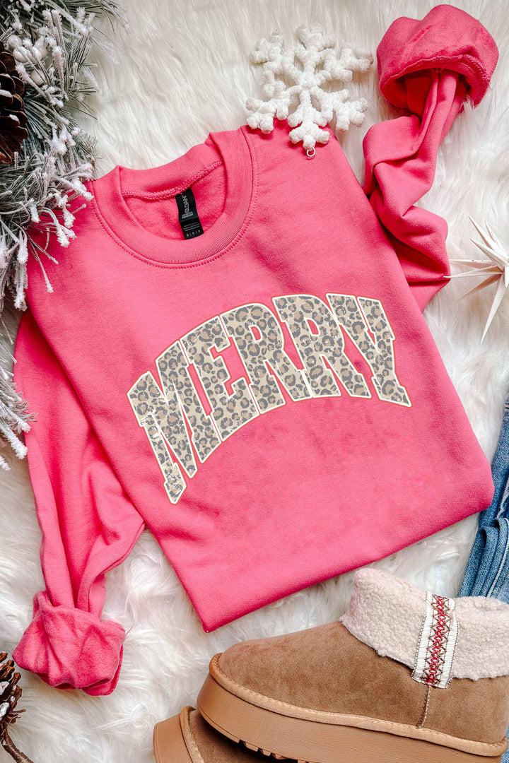 Leopard Merry Crewneck Sweatshirt - Pink