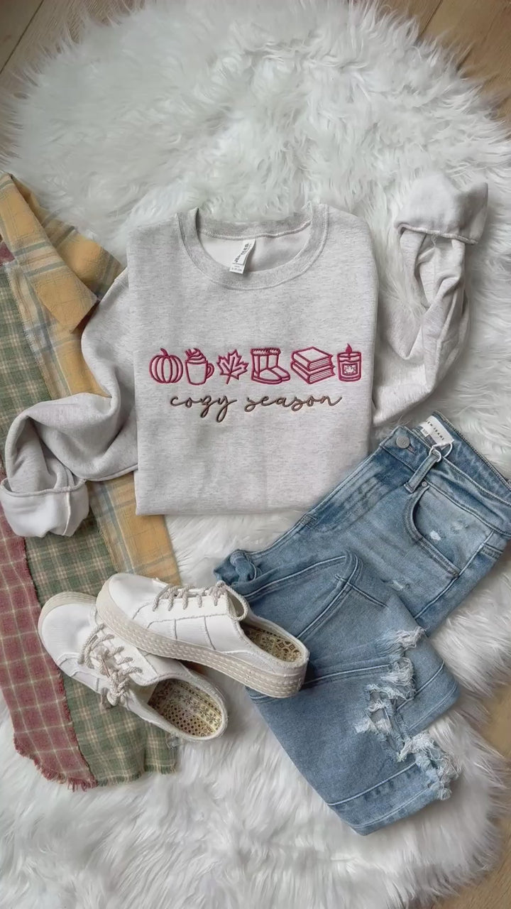 Cozy Season Fall Icons Embroidered Shirt - Oatmeal Heather