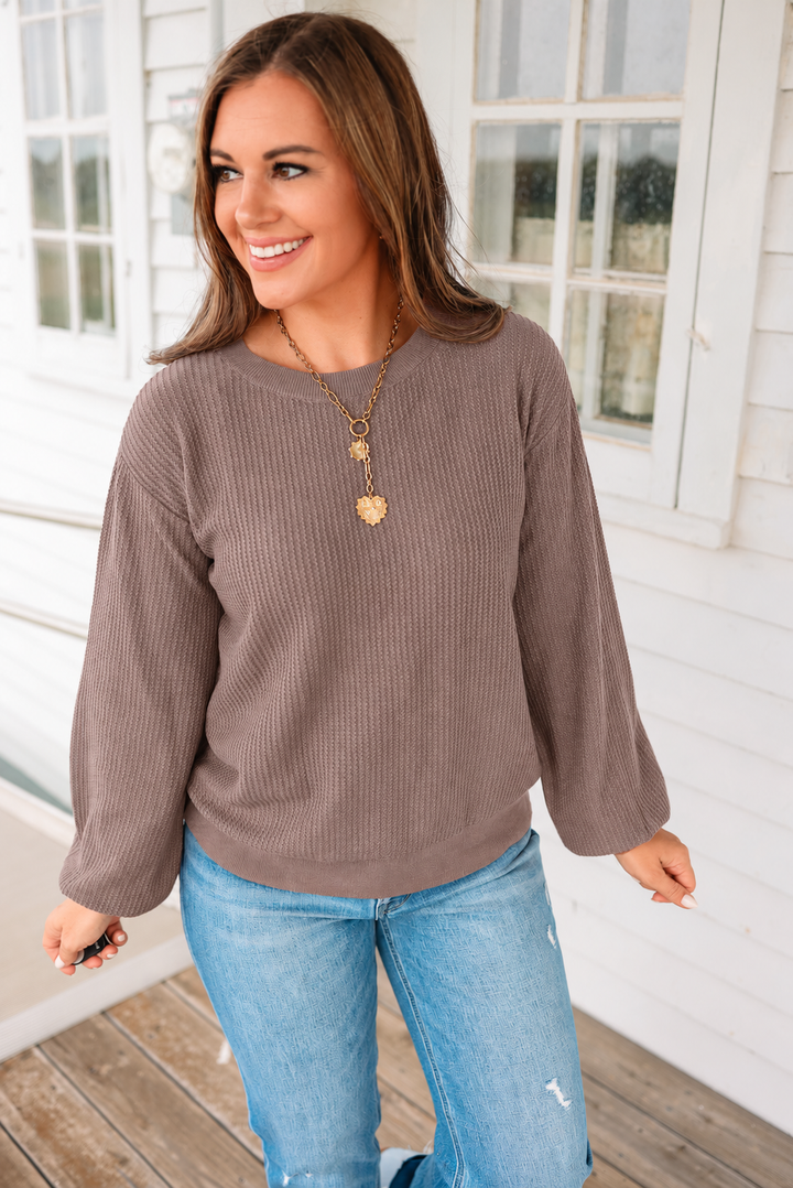 Roslyn Textured Balloon Sleeve Sweater - Mocha