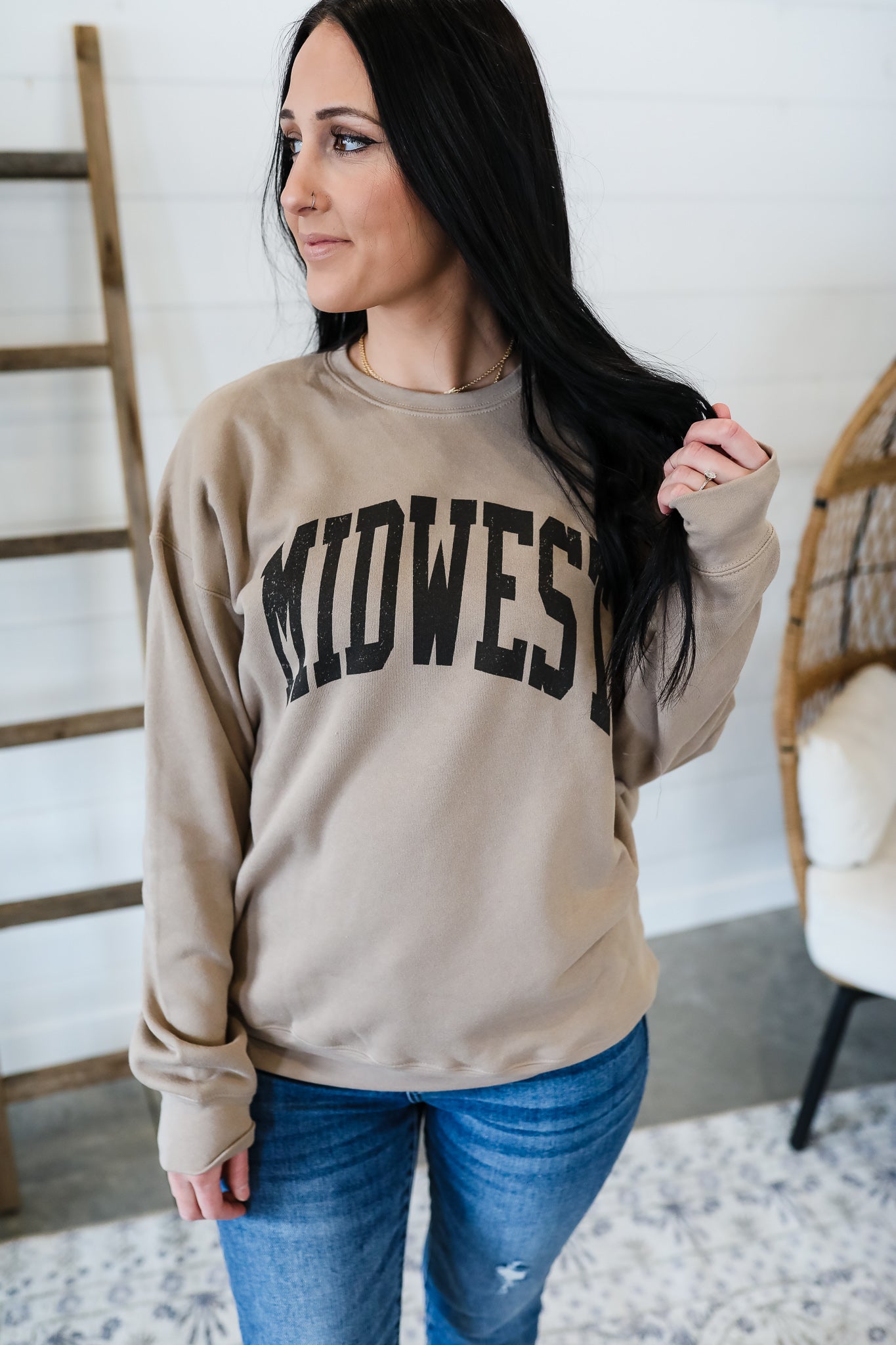 Midwest Distressed Crewneck Sweatshirt - Tan